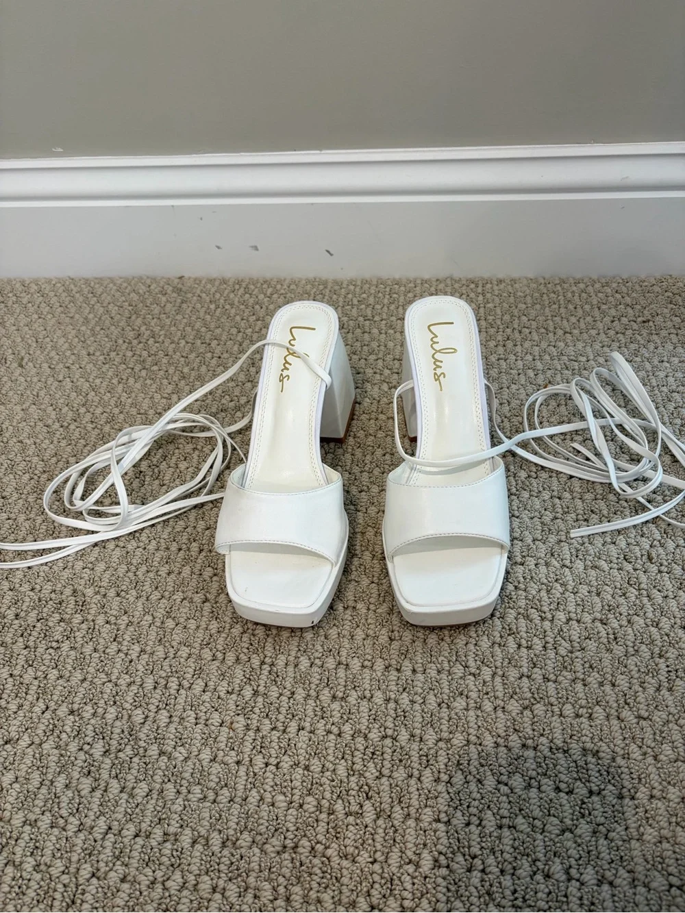 Lulu's White Lace-Up Square Toe Block Heel Sandals